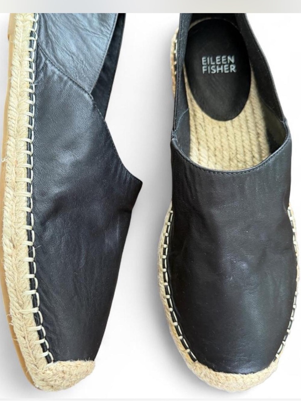 Eileen Fisher Black Nappa Leather  and Jute espadrilles Size 8